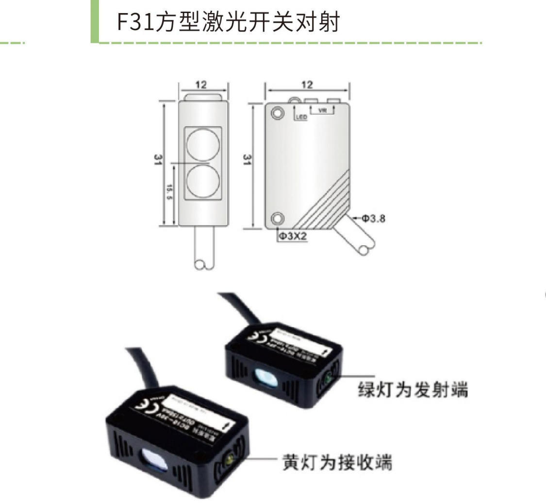 F31 方形激光光电开关｜漫反射 1-300mm 可调 + 对射 50m｜650nm 红激光 · NPN/PNP